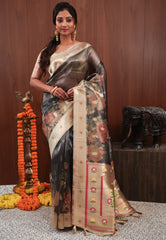 Charcoal Grey Tissue Silk Saree with Blouse Piece