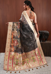 Charcoal Grey Tissue Silk Saree with Blouse Piece