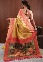 Golden with Rani Pink Border Tissue Silk Saree with Blouse Piece