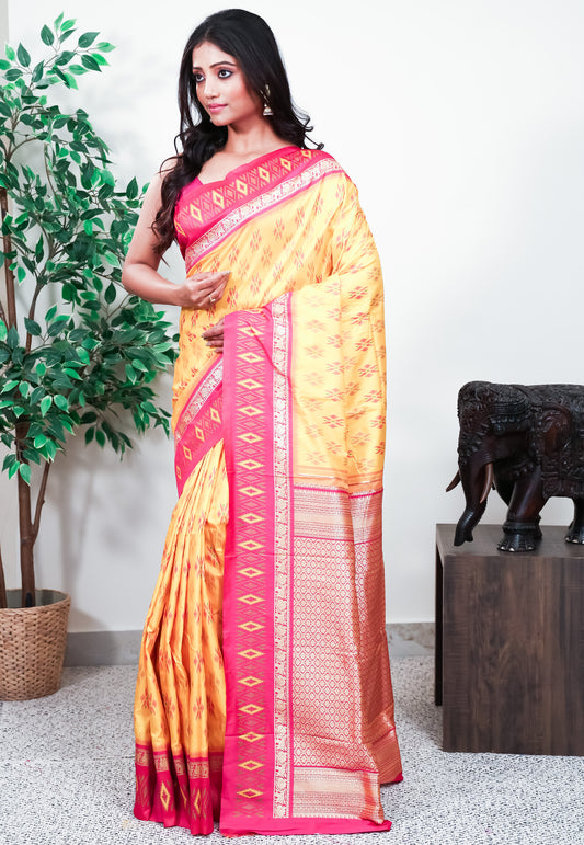 Yellow with Rani Pink Border Handloom Ikkat Saree With Blouse Piece