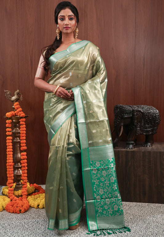 Mehendi Green with Rama Green border Tissue Silk Saree with Blouse Piece