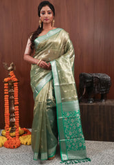 Mehendi Green with Rama Green Border Tissue Silk Saree with Blouse Piece