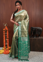 Mehendi Green with Rama Green border Tissue Silk Saree with Blouse Piece