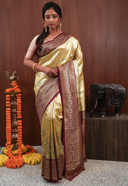 Golden with Purple Border Tissue Silk Saree with Blouse Piece