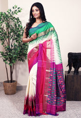 Off White with Ganga-Jamuna Border (Rani Pink and Green) Handloom Ikkat Saree With Blouse Piece