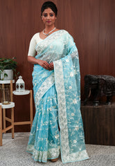 Sky Blue Organza with Resham Embroidery work Saree with Blouse Piece