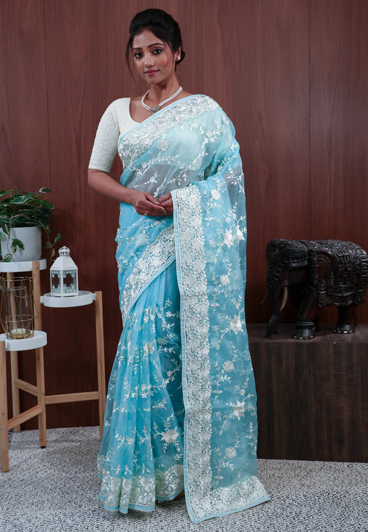 Sky Blue Organza with Resham Embroidery work Saree with Blouse Piece