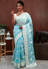 Sky Blue Organza with Resham Embroidery work Saree with Blouse Piece