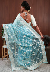 Sky Blue Organza with Resham Embroidery work Saree with Blouse Piece