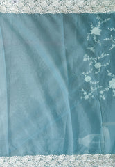 Sky Blue Organza with Resham Embroidery work Saree with Blouse Piece