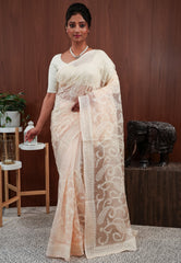 Peach Organza with Resham Embroidery work Saree with Blouse Piece