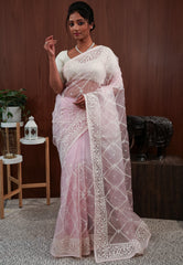 Baby Pink Organza with Resham Embroidery work Saree with Blouse Piece