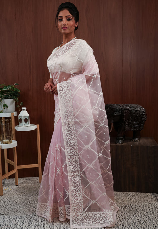 Baby Pink Organza with Resham Embroidery work Saree with Blouse Piece