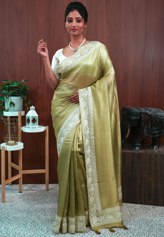 Pista Green Tissue with Resham Embroidery Border Saree with Blouse Piece