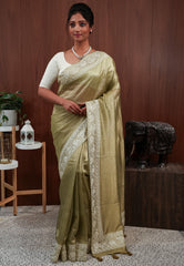 Pista Green Tissue with Resham Embroidery Border Saree with Blouse Piece