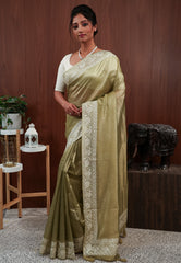 Pista Green Tissue with Resham Embroidery Border Saree with Blouse Piece