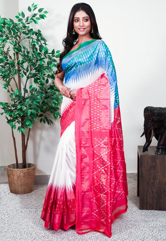 White with Ganga-Jamuna Border (Feroza and Rani Pink) Handloom Ikkat Saree With Blouse Piece