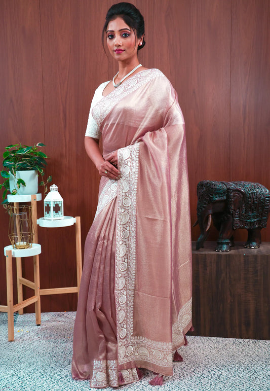 Copper Tissue with Resham Embroidery Border Saree with Blouse Piece