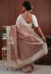 Copper Tissue with Resham Embroidery Border Saree with Blouse Piece