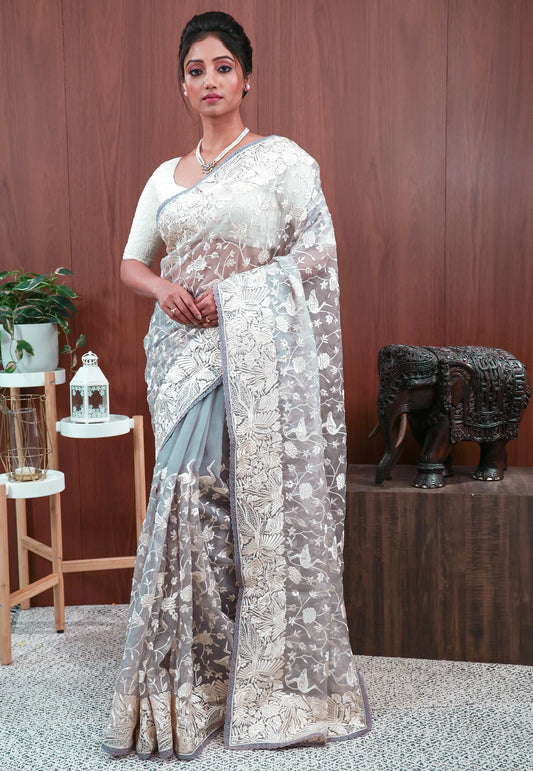 Grey Embroidery Saree with Blouse Piece
