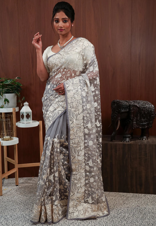 Grey Embroidery Saree with Blouse Piece