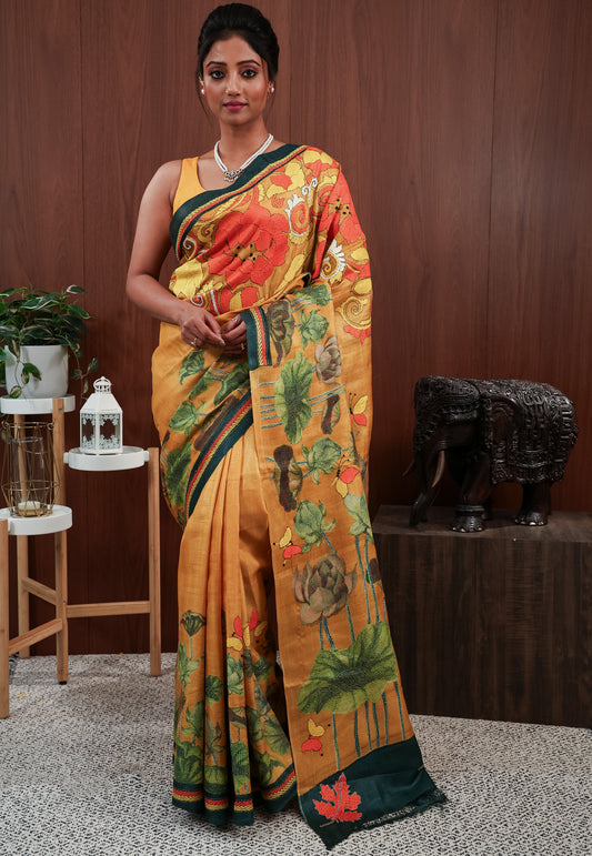 Mustard Tussar Kantha Pure Silk Saree With Blouse Piece