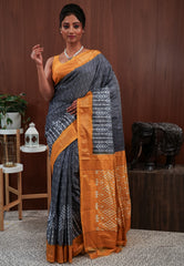 Grey with Golden Yellow Border Ikkat Pure Silk Saree With Blouse Piece