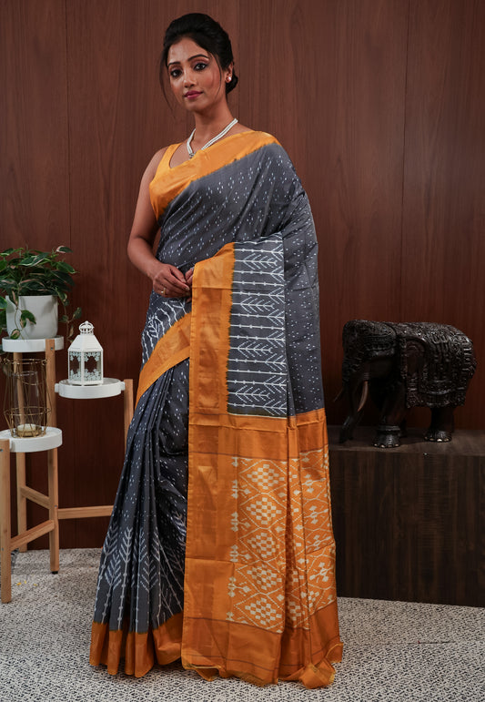 Grey with Golden Yellow Border Ikkat Pure Silk Saree With Blouse Piece