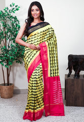 Yellow with Ganga-Jamuna Border (Navy blue and Rani Pink) Handloom Ikkat Saree With Blouse Piece