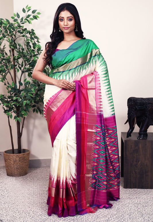 Off White with Ganga-Jamuna Border (Rani Pink and Green) Handloom Ikkat Saree With Blouse Piece