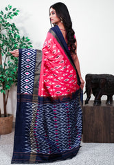 Rani Pink with Navy Blue Border Handloom Ikkat Saree With Blouse Piece