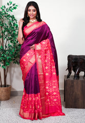 Magenta with Rani Pink Border Handloom Ikkat Saree With Blouse Piece