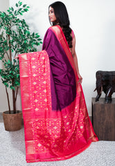 Magenta with Rani Pink Border Handloom Ikkat Saree With Blouse Piece