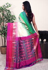 Off White with Ganga-Jamuna Border (Rani Pink and Green) Handloom Ikkat Saree With Blouse Piece