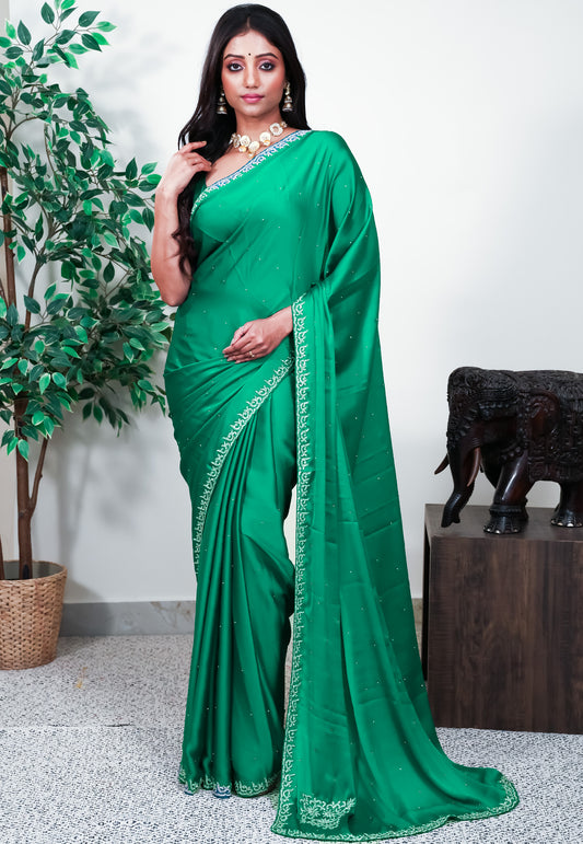 Rama Green Embroidery Saree with Blouse Piece