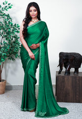 Rama Green Embroidery Saree with Blouse Piece