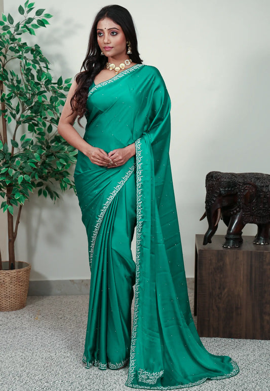 Rama Green Embroidery Saree with Blouse Piece