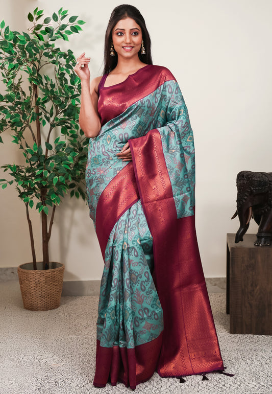 Sea Green with Magenta Border Ikkat Saree With Blouse Piece