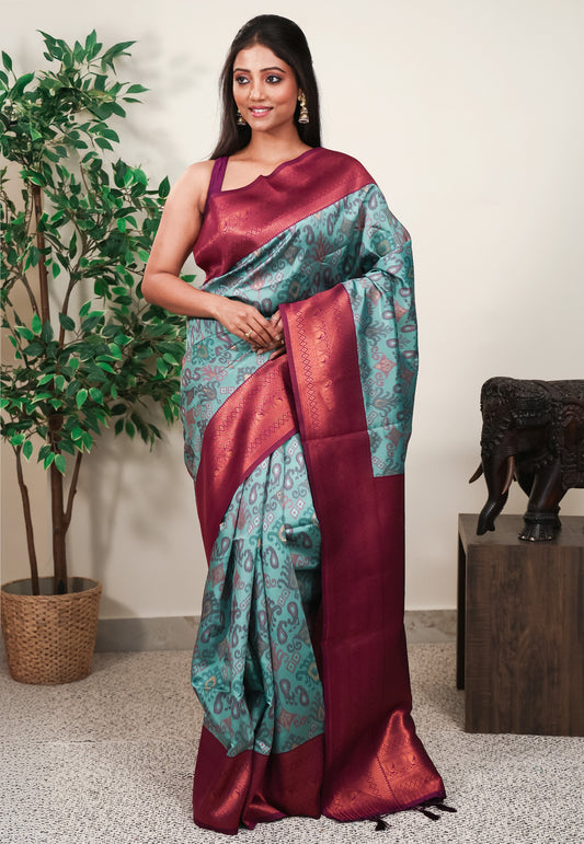 Sea Green with Magenta Border Ikkat Saree With Blouse Piece