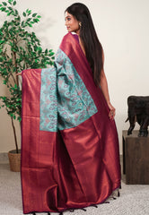 Sea Green with Magenta Border Ikkat Saree With Blouse Piece