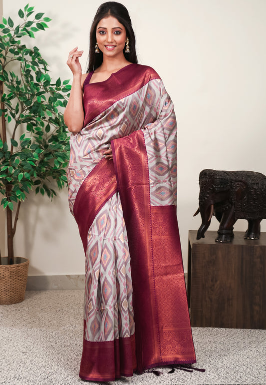 Grey with Magenta Border Ikkat Saree With Blouse Piece