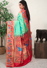 Sea Green with Red Border Paithani Pure Silk Saree With Blouse Piece