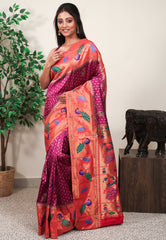 Magenta with Red Border Paithani Pure Silk Saree With Blouse Piece