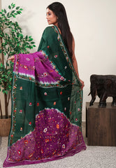 Bottle Green Kantha Pure Silk Saree With Blouse Piece