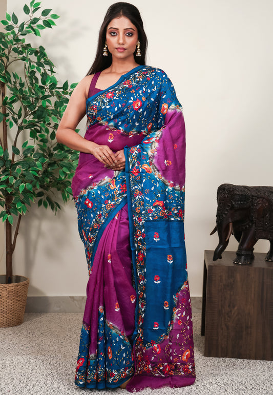 Purple Kantha Pure Silk Saree With Blouse Piece