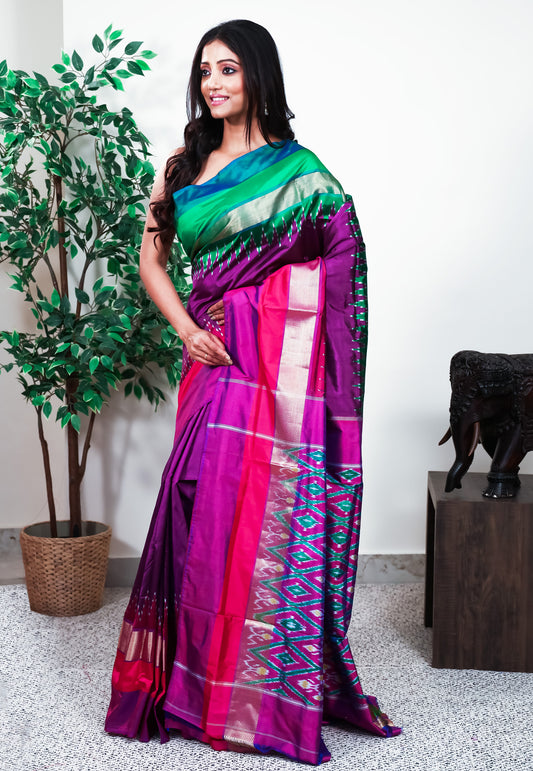 Purple with Ganga-Jamuna Border (Green and Rani Pink) Handloom Ikkat Saree With Blouse Piece