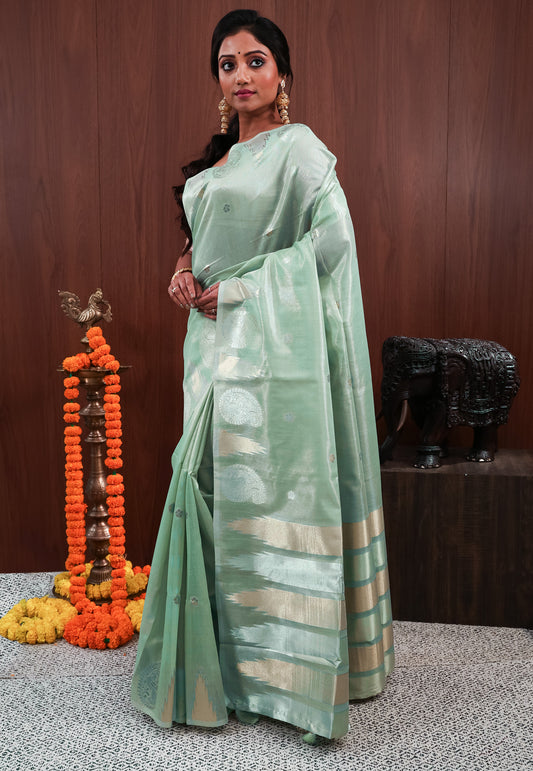 Sea Green Tissue Silk Saree With Blouse Piece