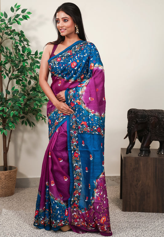 Purple Kantha Pure Silk Saree With Blouse Piece