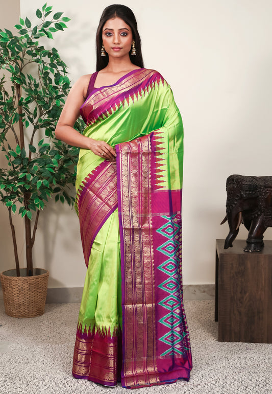 Neon Green with Magenta Kanjivaram Border Ikkat Pure Silk Saree With Blouse Piece