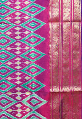 Neon Green with Magenta Kanjivaram Border Ikkat Pure Silk Saree With Blouse Piece